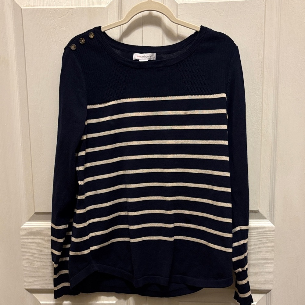 Liz Claiborne Navy Blue White Striped Nautical Shoulder Button Sweater Womens L